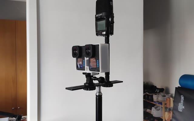 A home-made VR180 rig: two GoPro cameras and a Zoom recorder on a stand